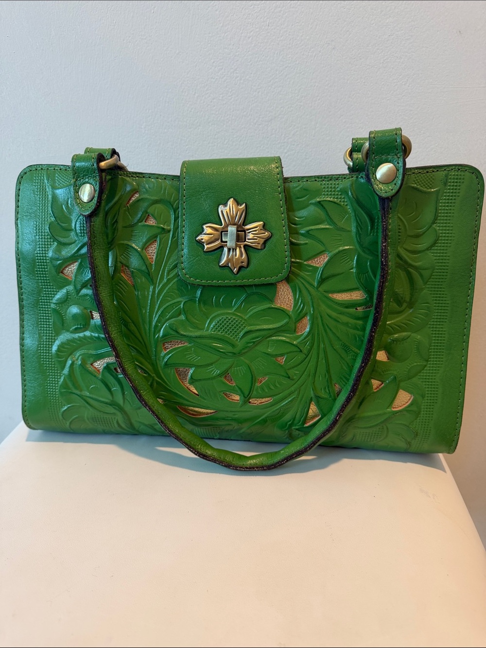 Patricia Nash Rosina Green Foliage Tooled Leather Satchel With Gold Underlay